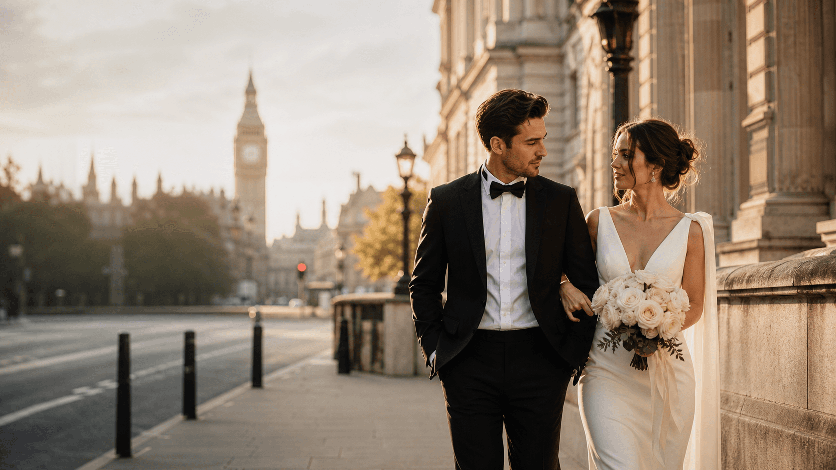 Elegant wedding couple walking beside Westminster in London